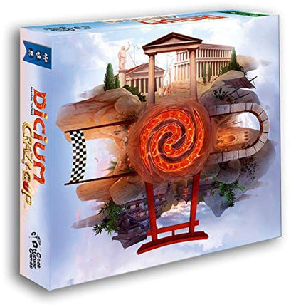 Dicium Crazy Cup board game box featuring floating fantasy islands with ancient temples a racing checkered flag and a fiery spiral portal