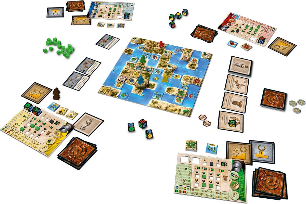 Dicium board game components spread out a central island-filled game board player mats various cards wooden tokens and multiple coloured dice