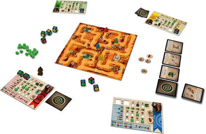 Dicium board game components spread out featuring a desert-themed maze game board diverse dice wooden tokens and player boards with progression tracks