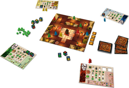 Dicium board game set featuring a modular board with samurai figures player boards for tracking progress dice and resource tokens