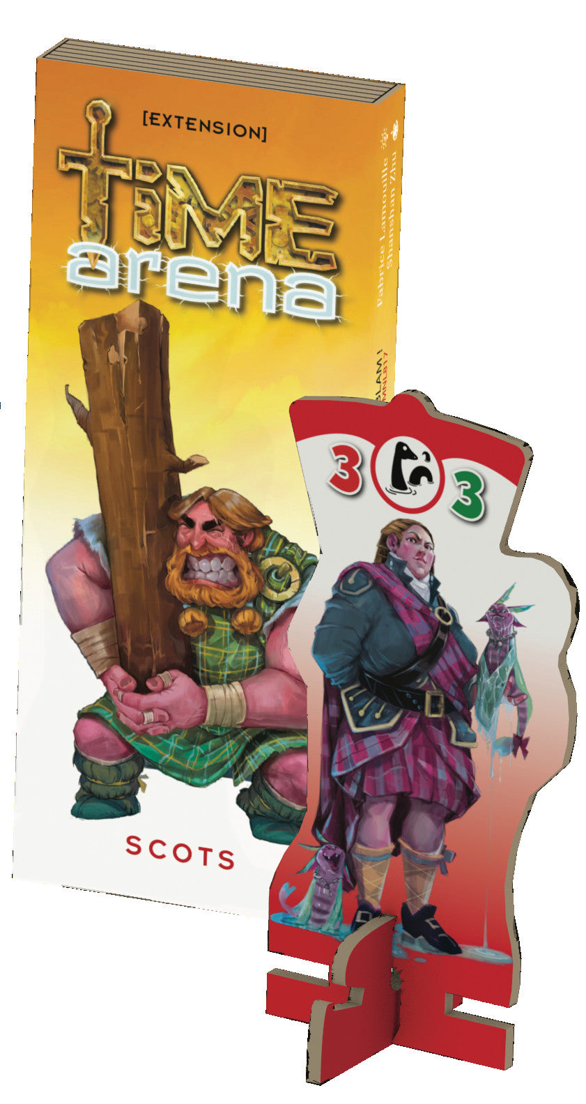 Time Arena board game expansion box and character standee featuring Scottish warriors