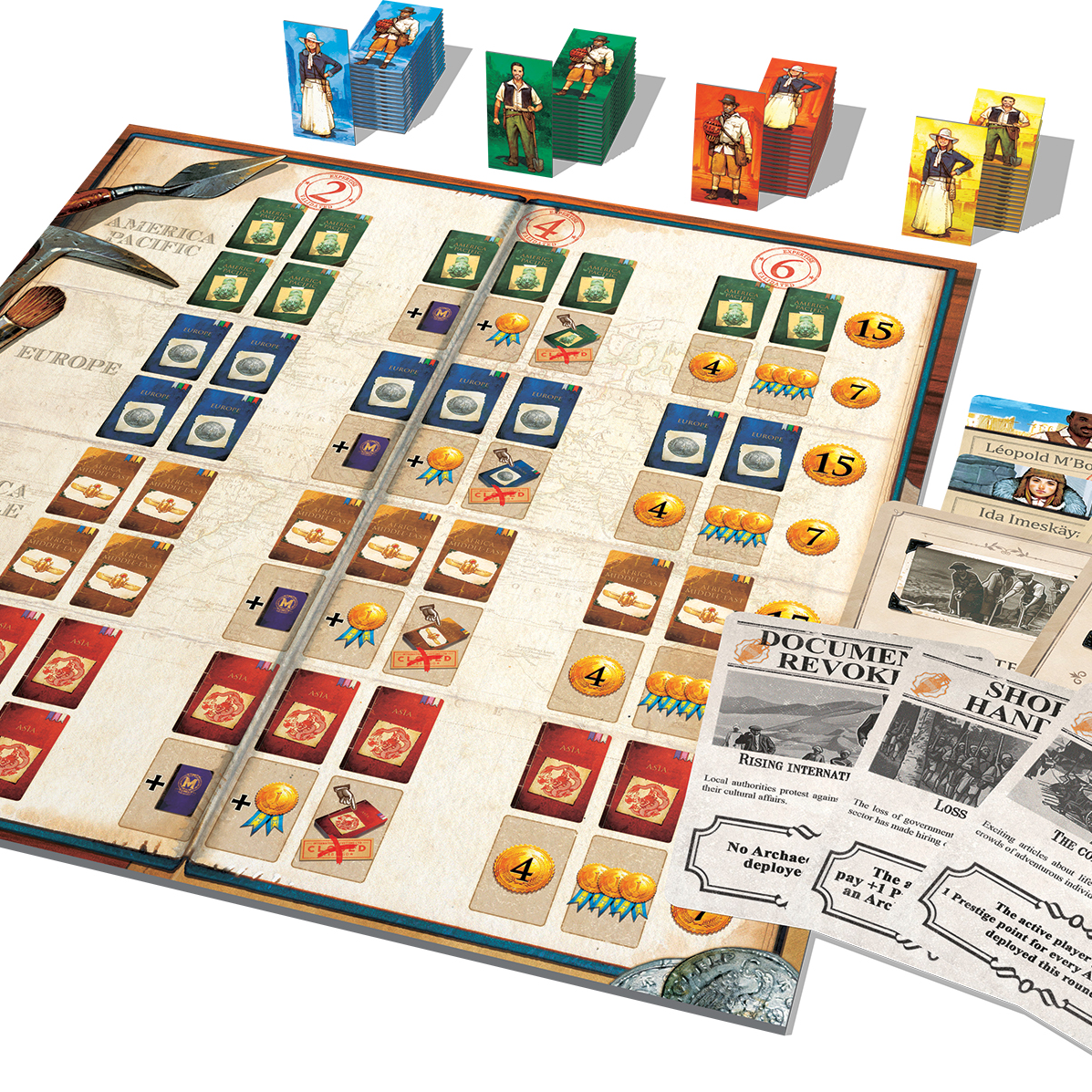 A detailed board game setup is seen from above, featuring character standees, multiple stacks of cards, coin tokens, and a world map board with tools