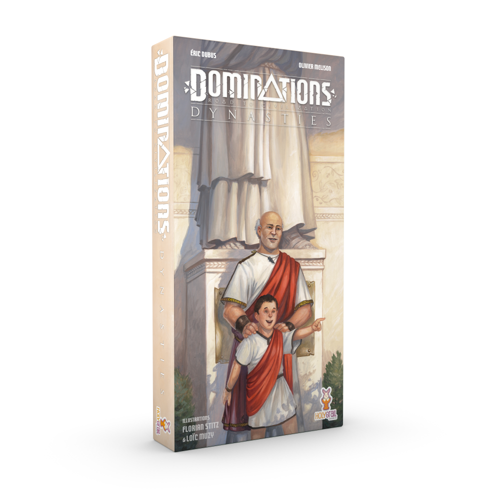 Dominations Dynasties board game box showing a man and boy in ancient Roman attire standing before a large statue with the game title prominently displayed