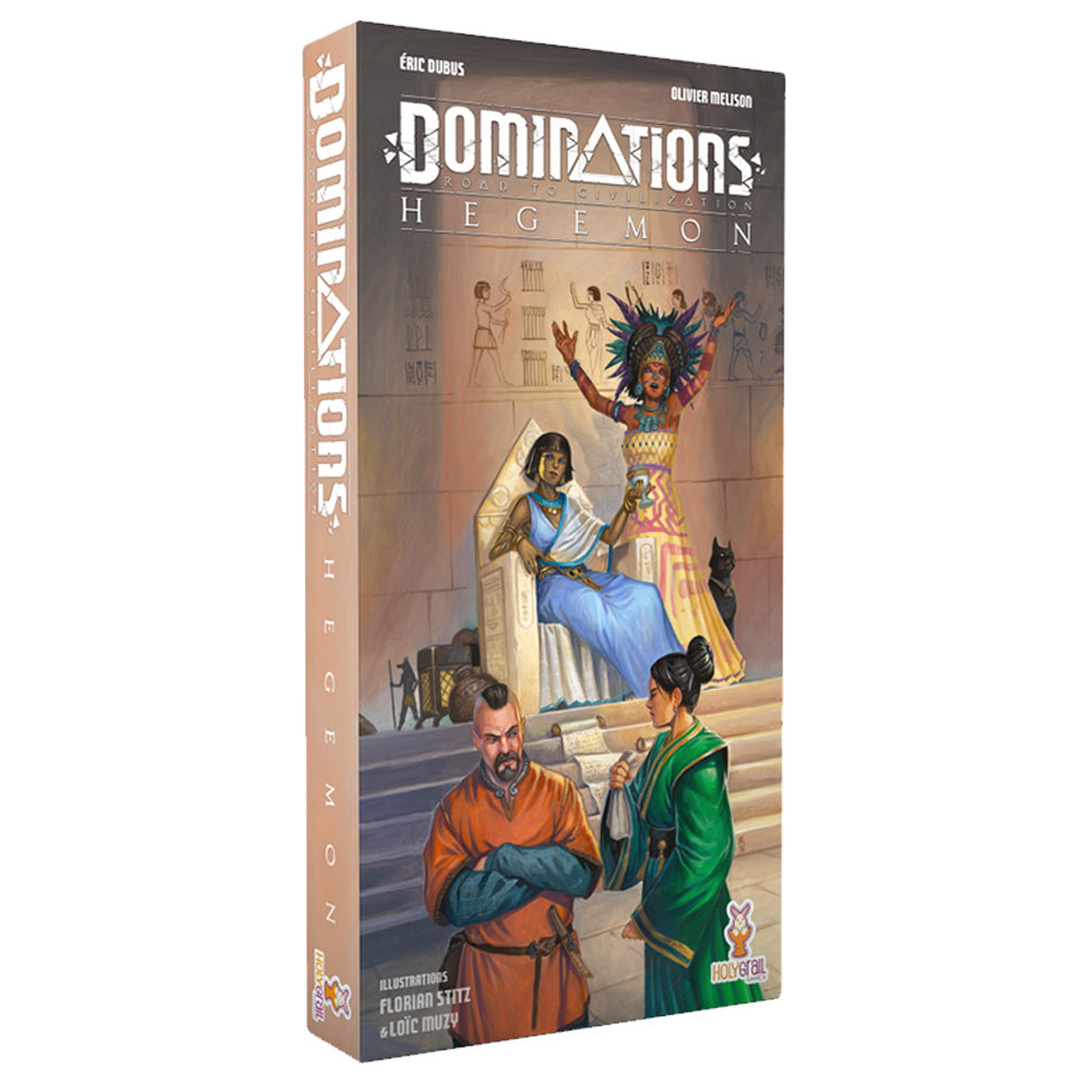 Dominations Hegemon game box with ancient artwork: a woman on a throne, another in a feathered headdress, a man with crossed arms, and a woman with a scroll