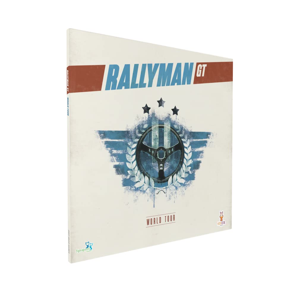 The Rallyman GT World Tour board game box is off-white with blue and brown lettering, featuring a stylized steering wheel and stars graphic