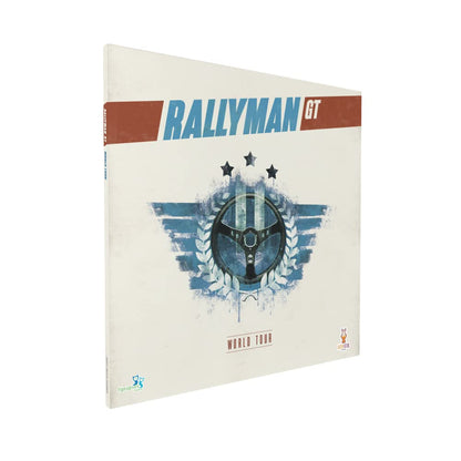 The Rallyman GT World Tour board game box is off-white with blue and brown lettering, featuring a stylized steering wheel and stars graphic