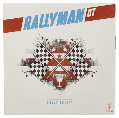 Rallyman GT Championship game box cover with crossed checkered flags, a trophy, and a stylized background