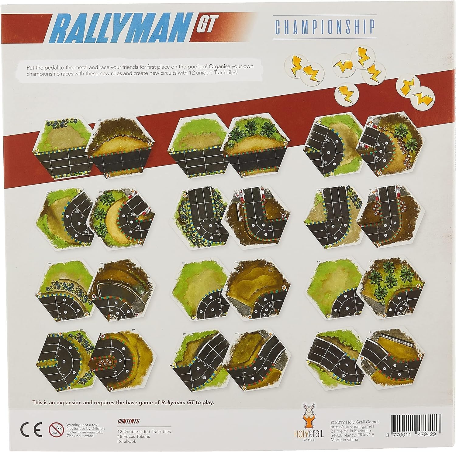 The back of the Rallyman GT - Championship box displays 20 hexagonal race track tiles with varying terrain and 8 white circular tokens with yellow lightning bolts