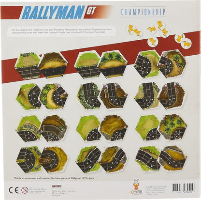 The back of the Rallyman GT - Championship box displays 20 hexagonal race track tiles with varying terrain and 8 white circular tokens with yellow lightning bolts
