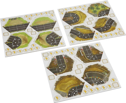 Three sheets of Rallyman GT board game tiles feature various hexagonal race track sections, straight roads, curves, and wooded areas, with smaller tokens