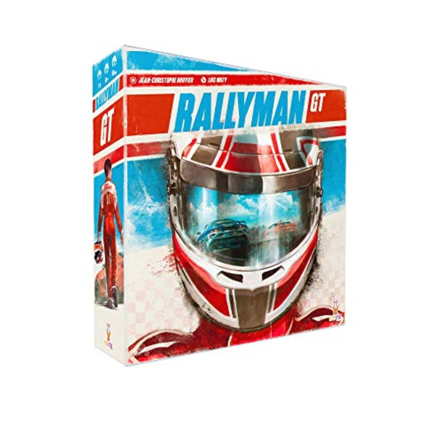 A Rallyman GT board game box showing a racing helmet with cars reflected in its visor and a driver in a red suit on the side