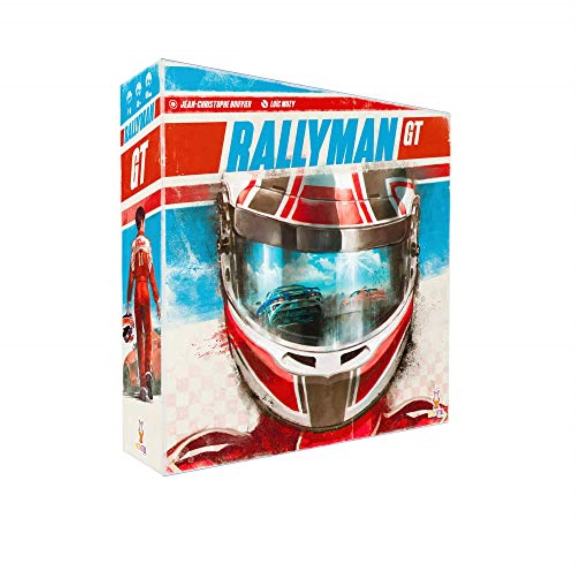 A Rallyman GT board game box showing a racing helmet with cars reflected in its visor and a driver in a red suit on the side
