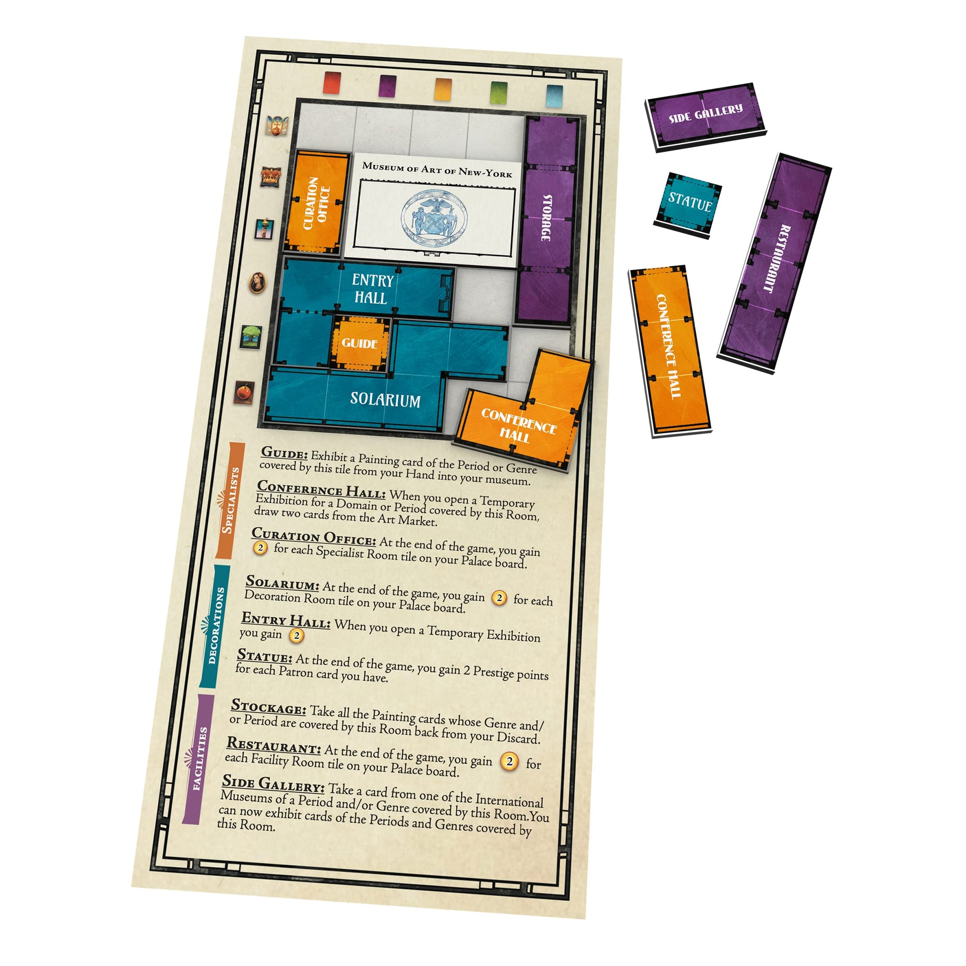 Museum Pictura – Crystal Palace game components including a museum board with various coloured room tiles, some placed and some loose, and a list of corresponding game rules