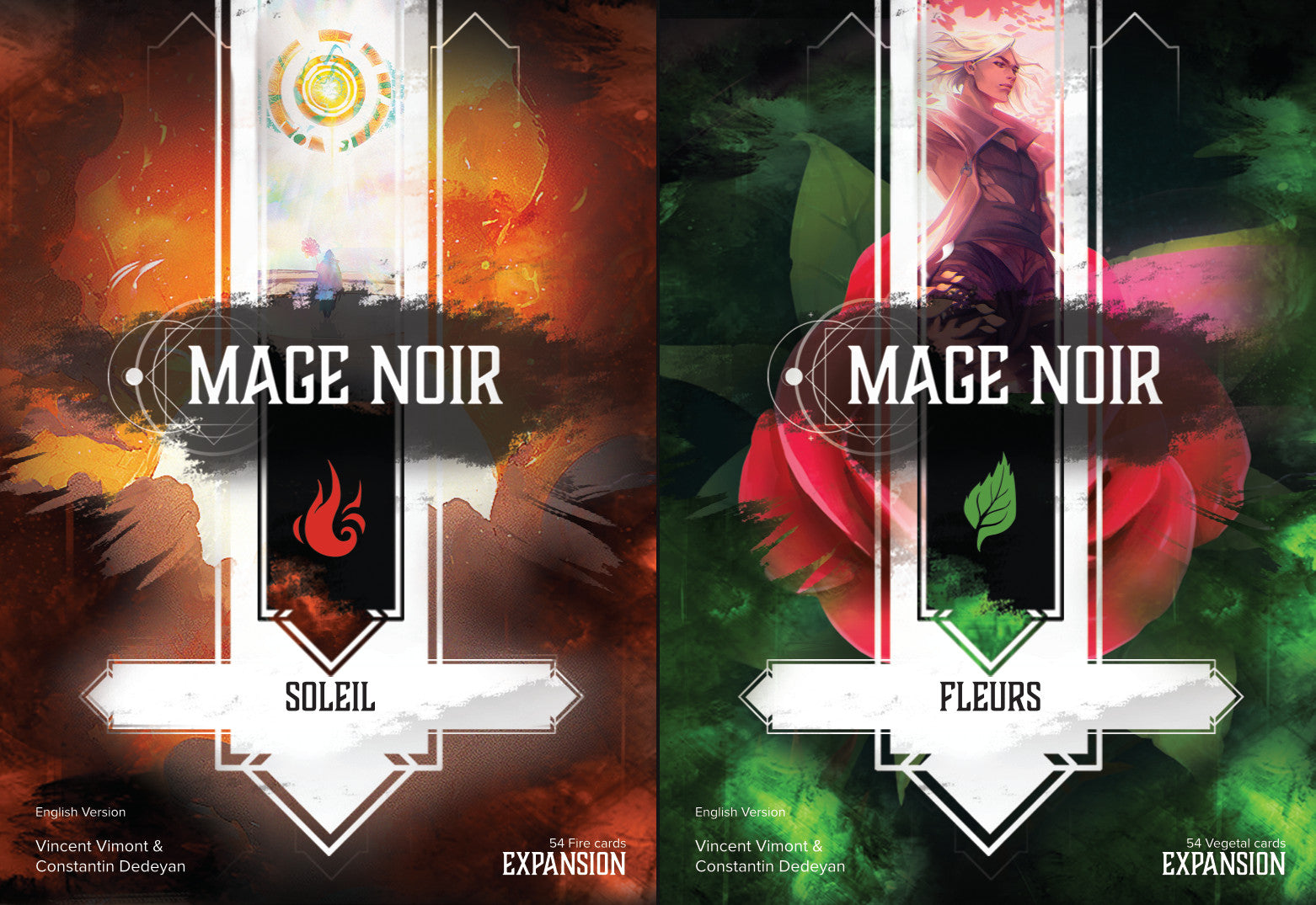 Two fantasy card game expansion packs one featuring fire-themed art with a red flame symbol the other with nature-themed art and a green leaf symbol