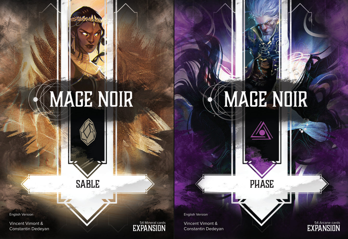 Two expansion box covers for the Mage Noir card game Sable with mineral cards and Phase with arcane cards