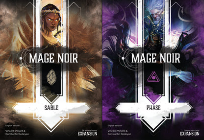 Two expansion box covers for the Mage Noir card game Sable with mineral cards and Phase with arcane cards