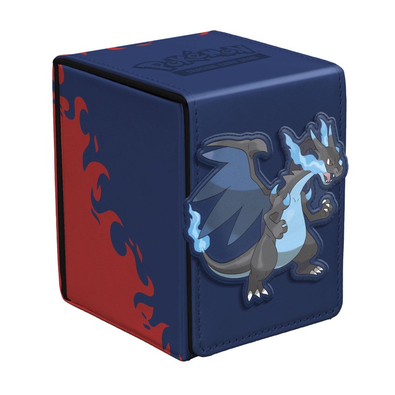 Dark blue Pokemon trading card deck box featuring a black and blue Charizard figure and red flame design