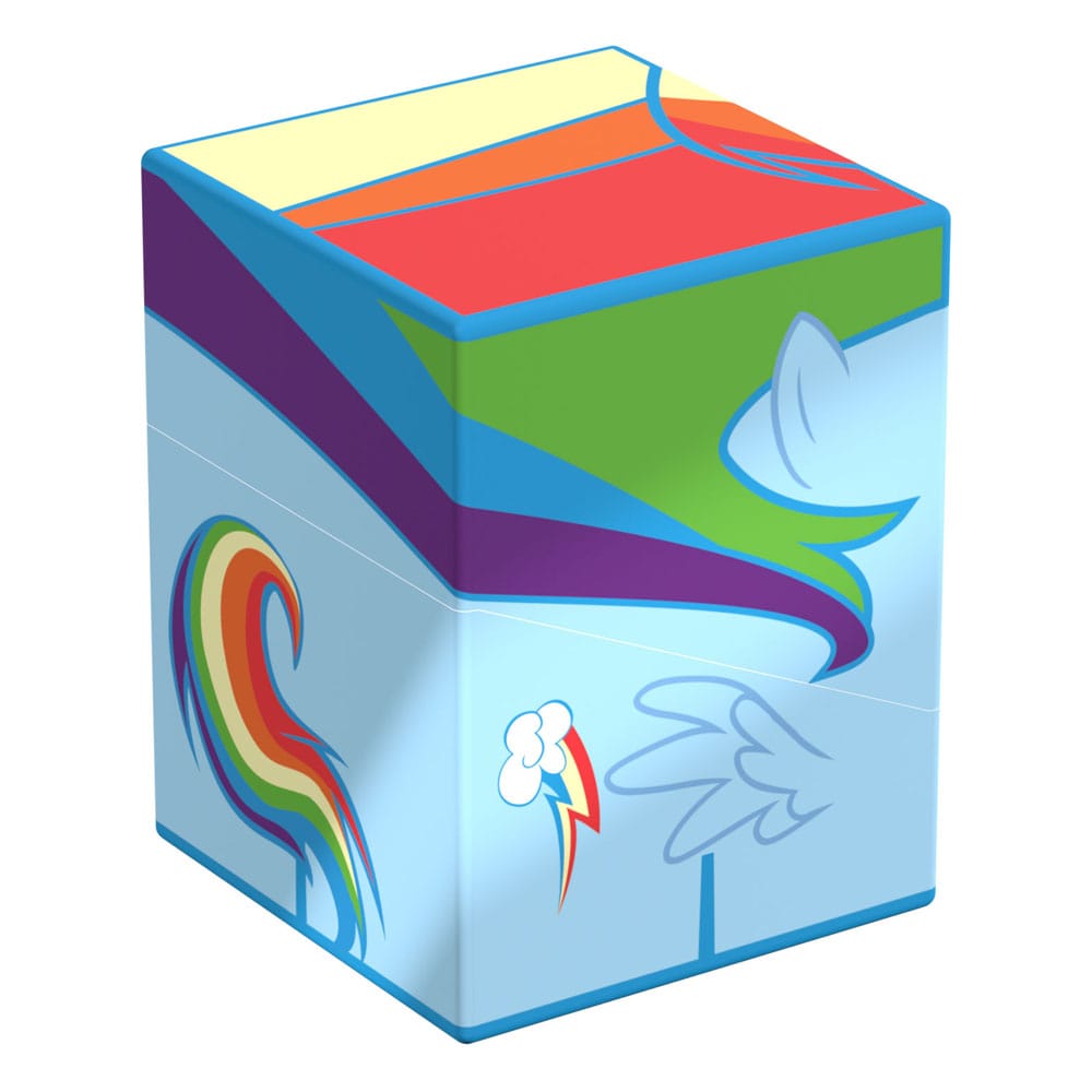Ultimate Guard Squaroe deck box with a light blue base and vibrant rainbow stripes on top, showcasing My Little Pony&#39;s Rainbow Dash and her cloud lightning bolt cutie mark