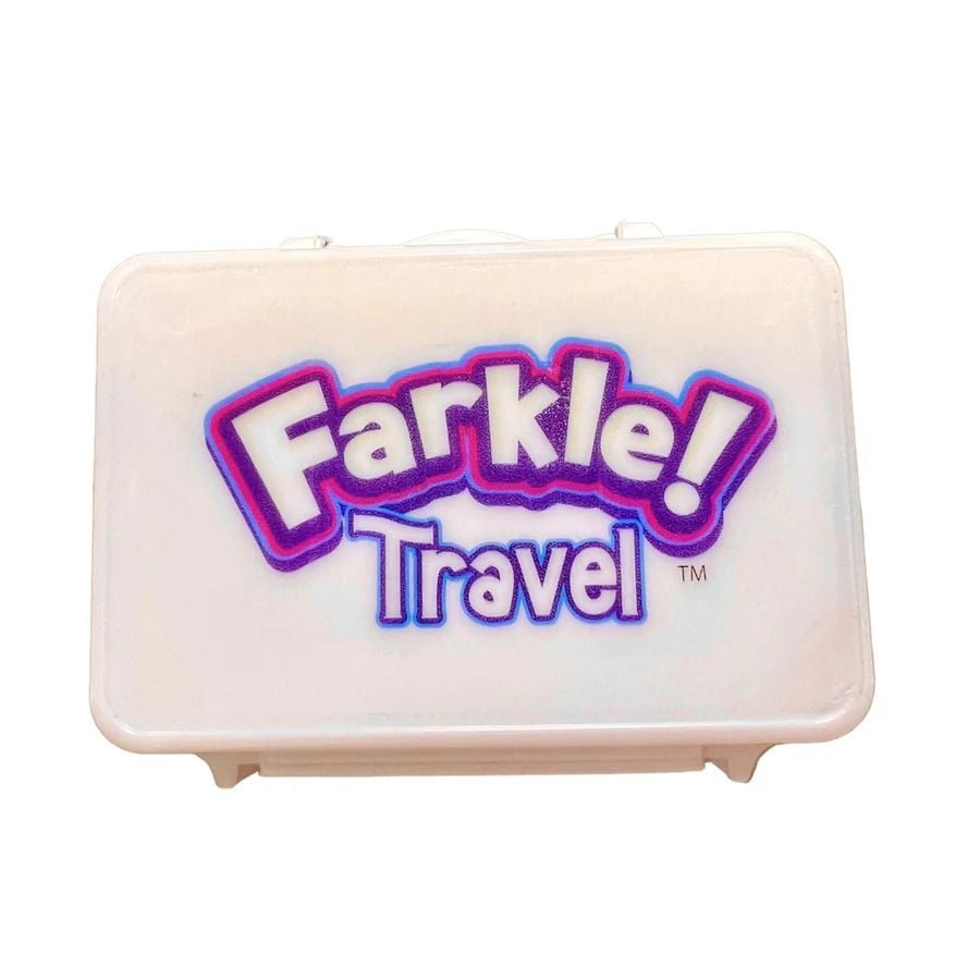 White plastic Farkle! Travel dice game case with bright purple and pink logo