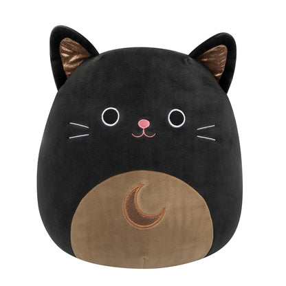 Black cat Squishmallow plush with gold glitter ears, white eyes, pink nose, and a tan belly with a brown crescent moon
