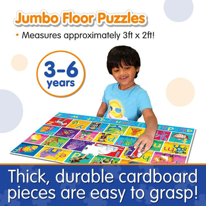 Young child assembling a colourful, jumbo alphabet floor puzzle (ABC)