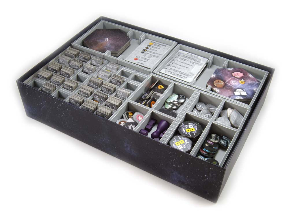 Folded Space game insert designed for Eclipse board game, showing a custom foam organizer with compartments for game components
