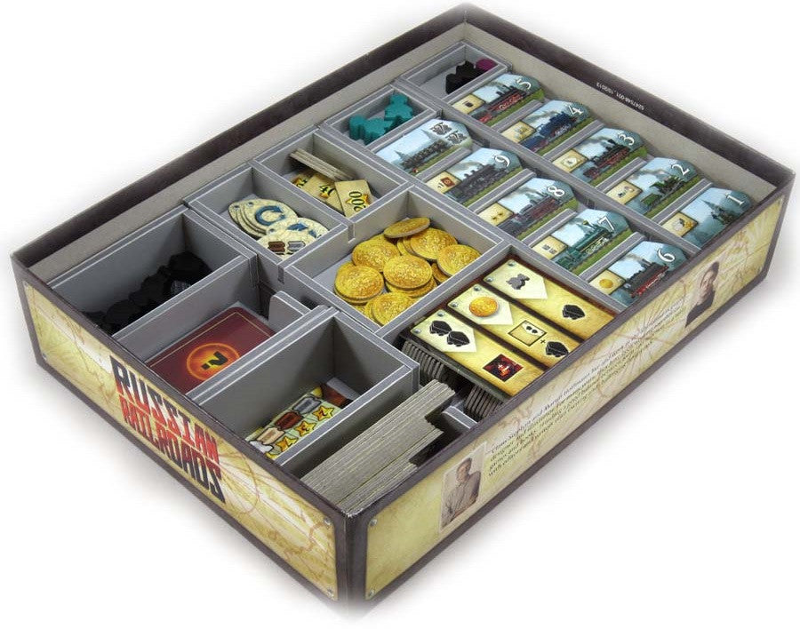Folded Space organizer insert box for the board game Russian Railroads, shown closed with artwork visible