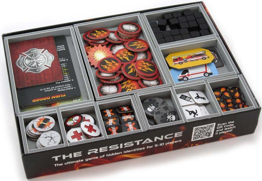 Folded Space game insert neatly organizing cards and tokens for Flash Point Fire Rescue