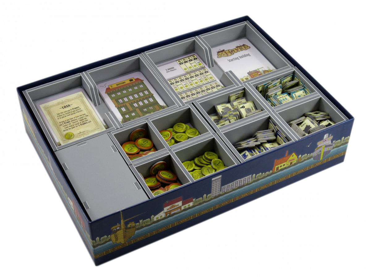 Folded Space Game Inserts for Le Havre organizer components neatly arranged