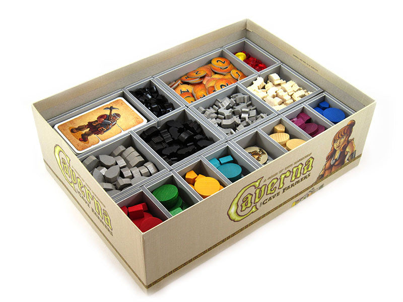Folded Space game insert for Caverna, fits box and organizes all components