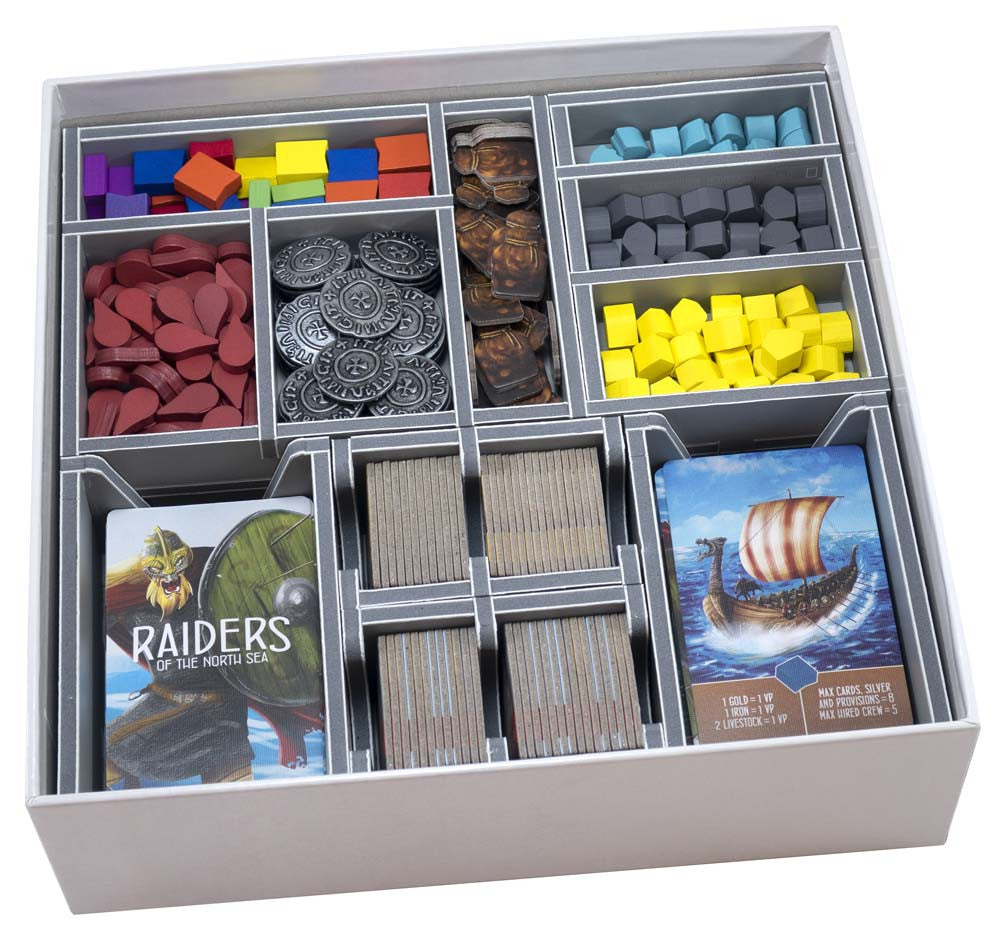 Folded Space game insert for Raiders of the North Sea showing organized compartments for game components