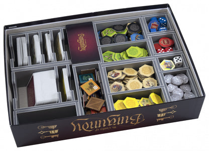Side view of the Folded Space insert with game pieces and cards arranged inside