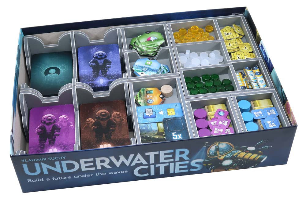 Folded Space Underwater Cities insert components displayed outside the box