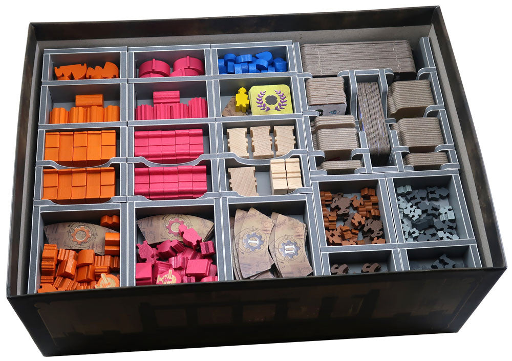 Close-up of Barrage game insert with cards and tokens organized