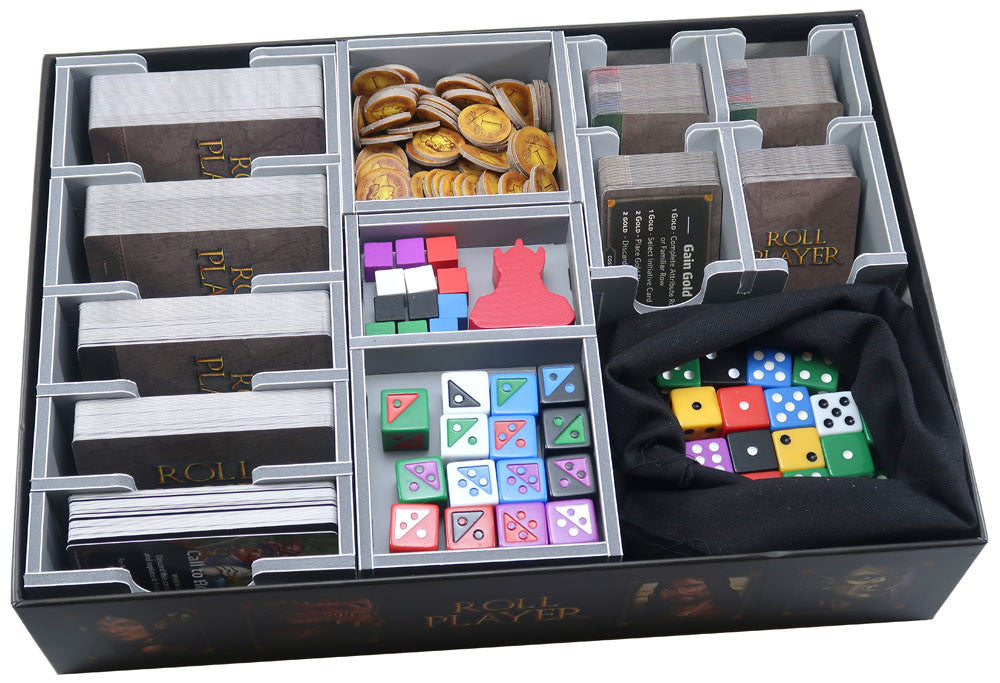 Folded Space Roll Player insert with dice and game components arranged