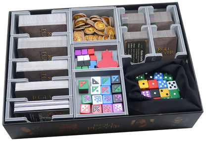 Folded Space Roll Player insert with dice and game components arranged