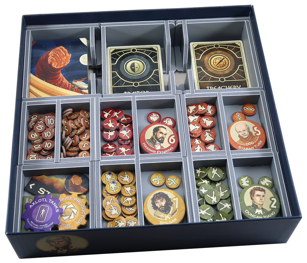 Folded Space organizer for Dune board game, open with game components neatly arranged inside