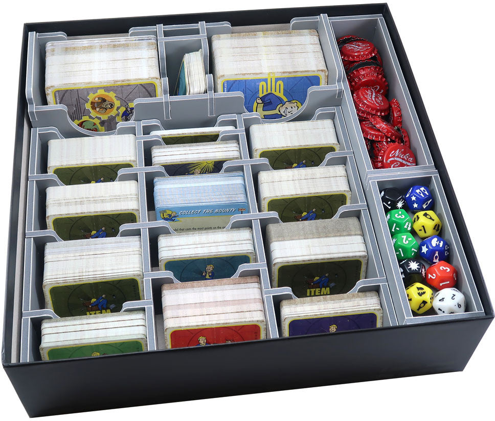 Folded Space game insert showing organized compartments for Fallout Wasteland Warfare components