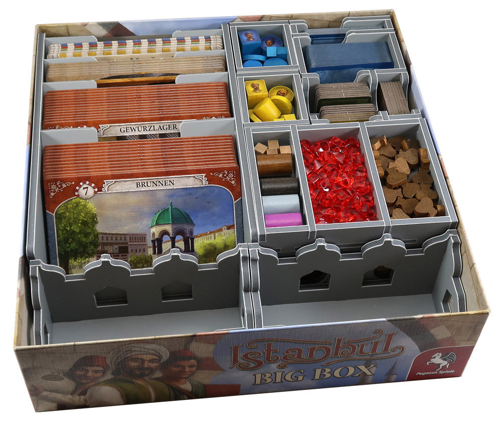Istanbul board game and expansions, showing organized compartments for game components