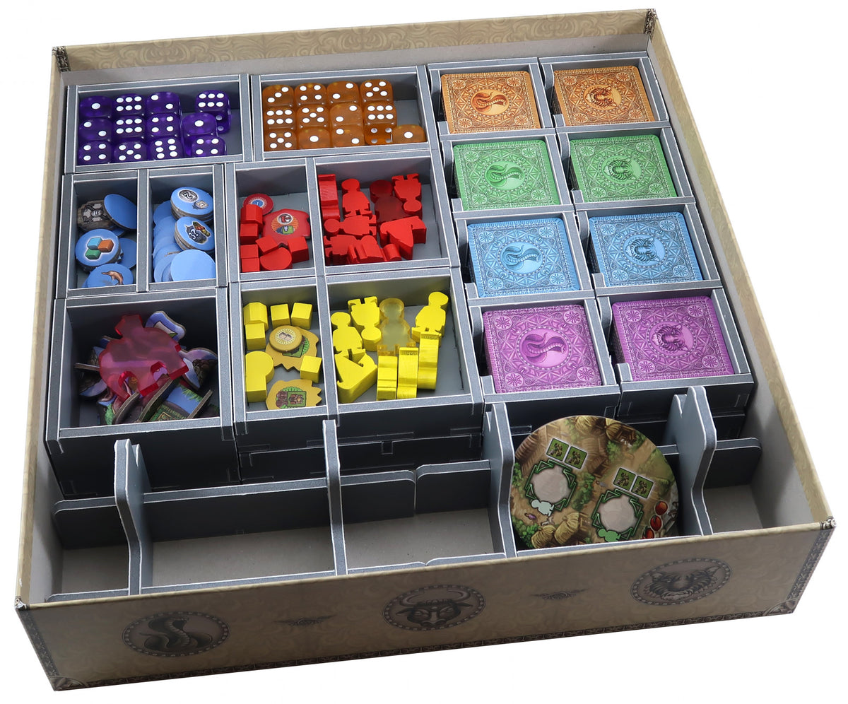 Folded Space game insert fully loaded with Rajas of the Ganges components, neatly organized inside the box