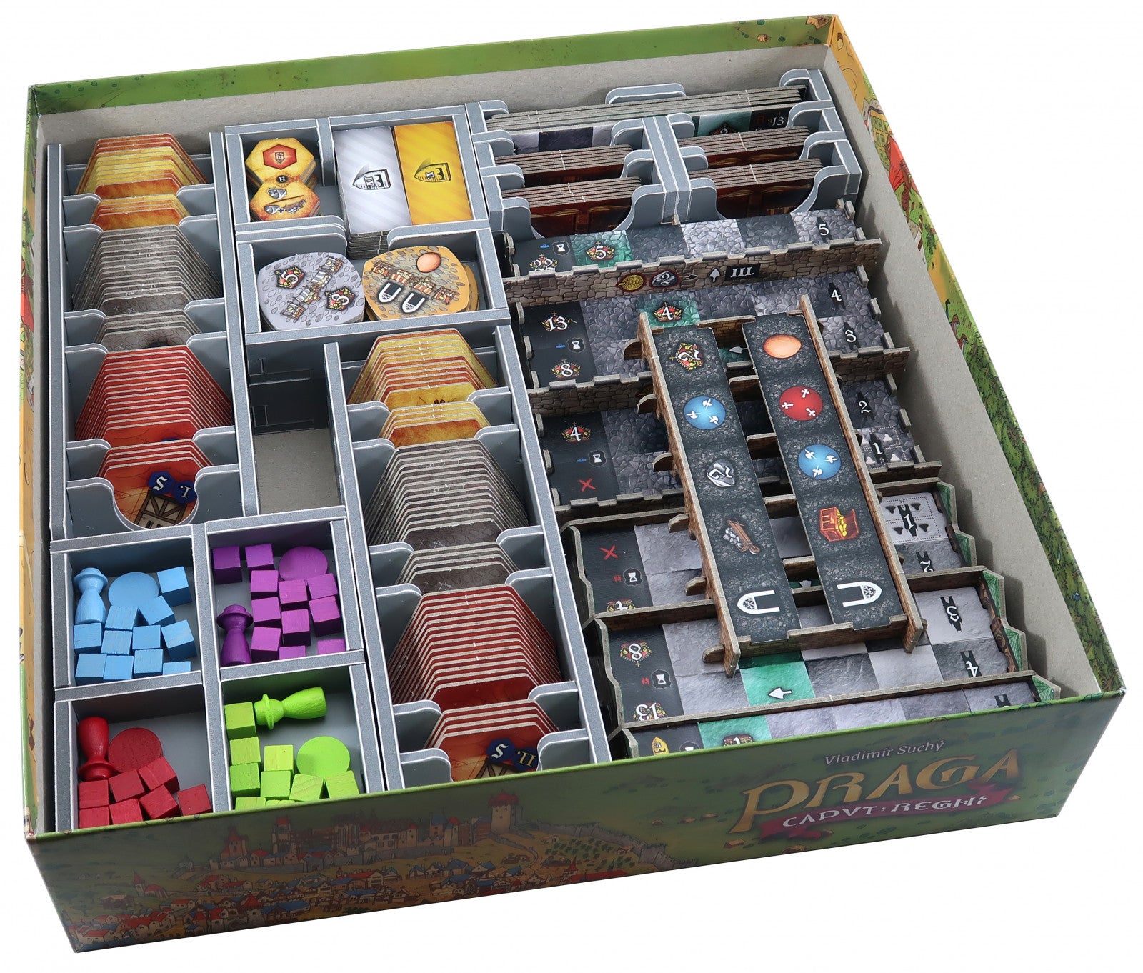 Top view of the Folded Space insert filled with cards, tokens, and game pieces for Praga Caput Regni