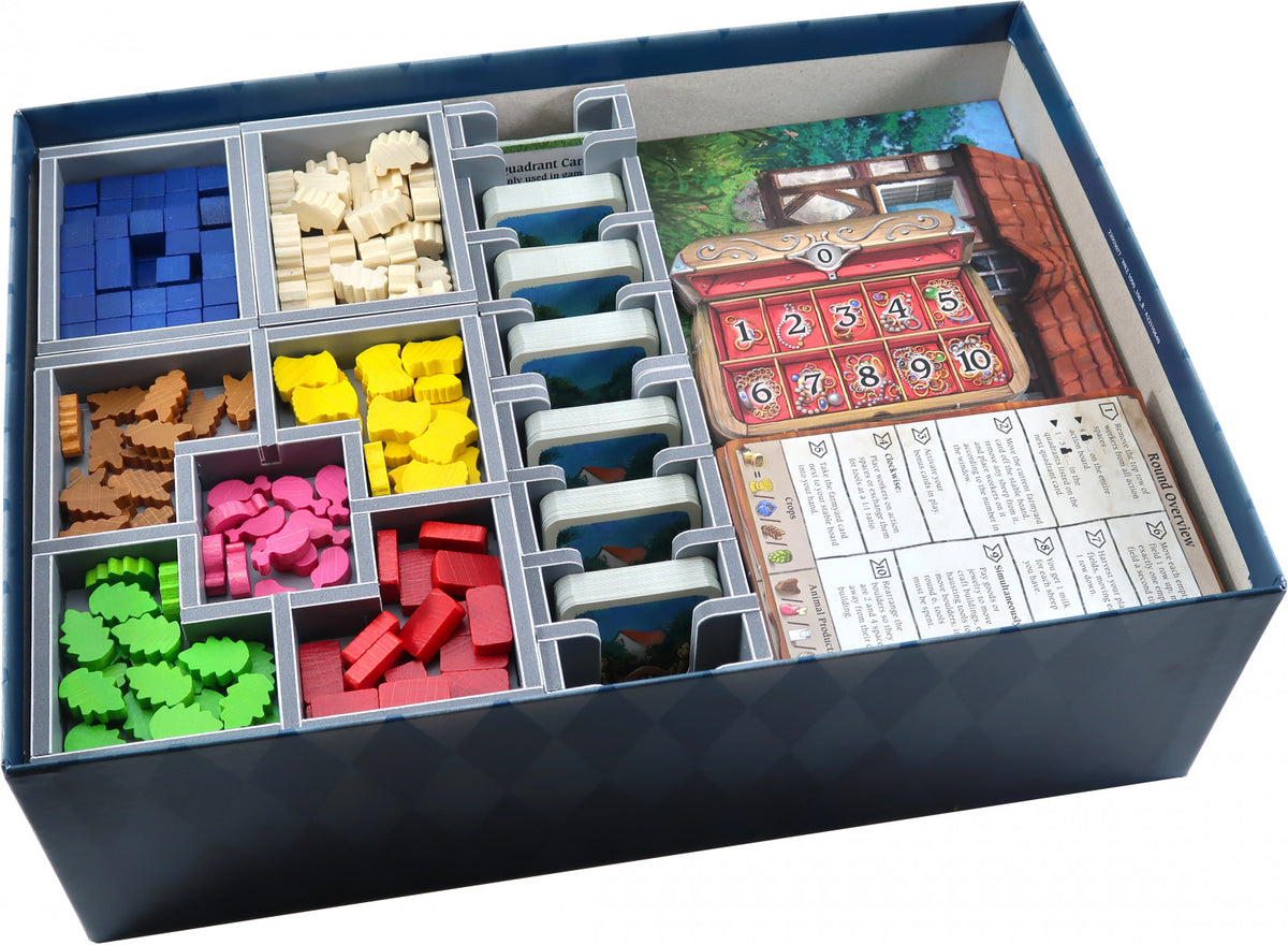 Designed to organize components of the board game Hallertau, featuring custom compartments and foam layout