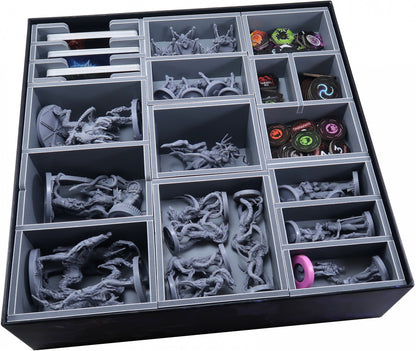 Top-down view of the insert showing compartments filled with cards and tokens
