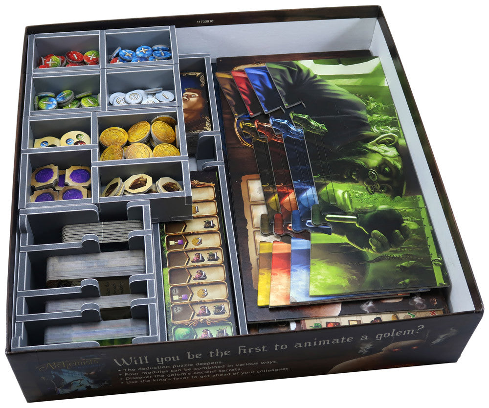Folded Space game insert with neatly arranged Alchemists cards and tokens in compartments