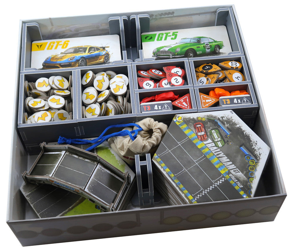Folded Space Rallyman GT game insert with cards and tokens stored in compartments