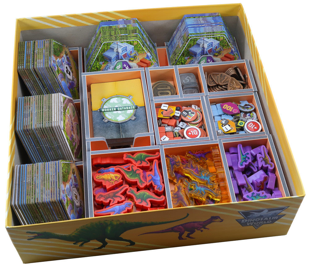 Folded Space Game Colour Inserts designed for Dinosaur World board game, showing colorful, organized compartments