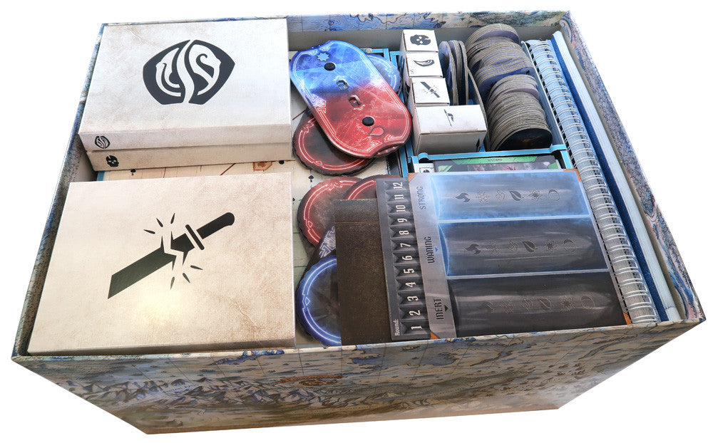 Folded Space Frosthaven game insert with various game components inside