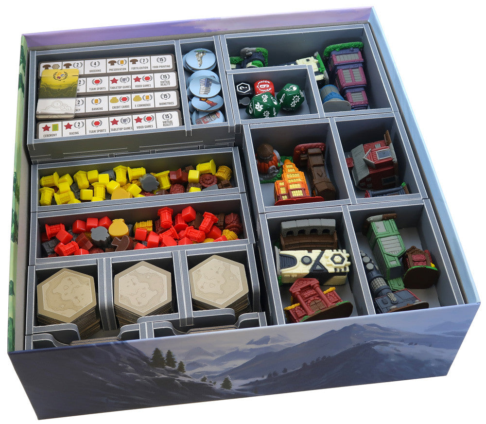 Folded Space insert inside a Tapestry game box, showing compartments