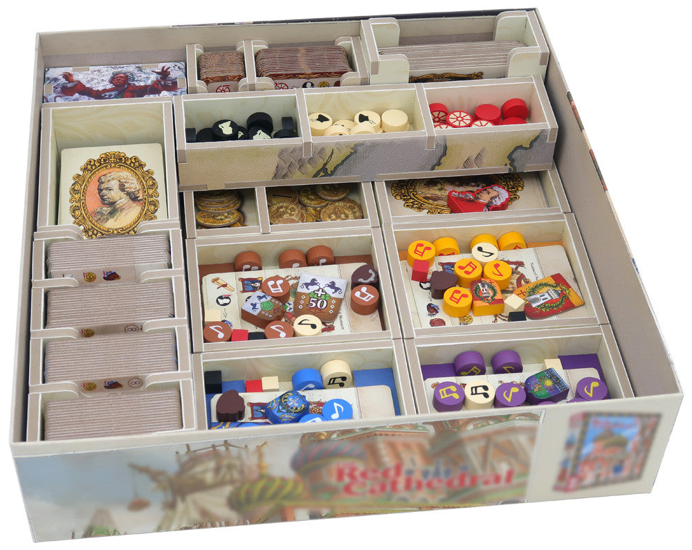Folded Space game insert designed for Lacrimosa, showing a custom foam organizer with compartments for game components