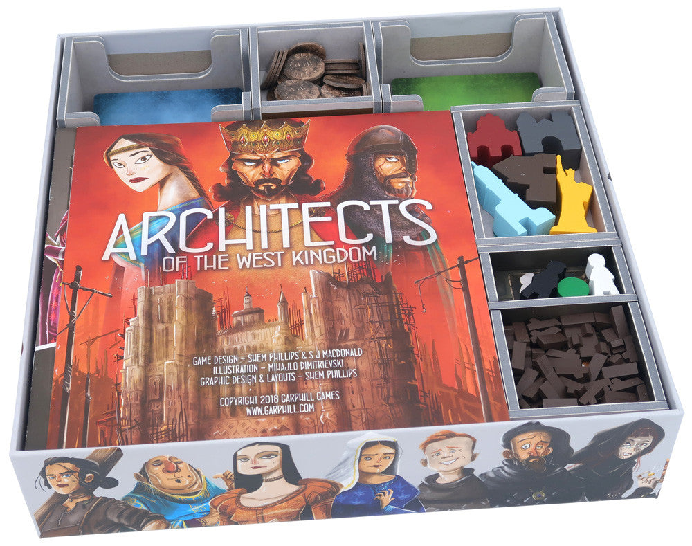 Top-down view of the Folded Space game insert showing compartments for Architect’s of the West Kingdom pieces